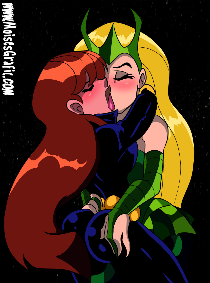 2girls amora_the_enchantress ass avengers black_widow_(earth's_mightiest_heroes) black_widow_(marvel) blush clothed female female_only grabbing_ass grabbing_waist kissing marvel marvel_comics moisesgrafic multiple_girls natasha_romanoff simple_background the_avengers:_earth's_mightiest_heroes thor_(series) yuri