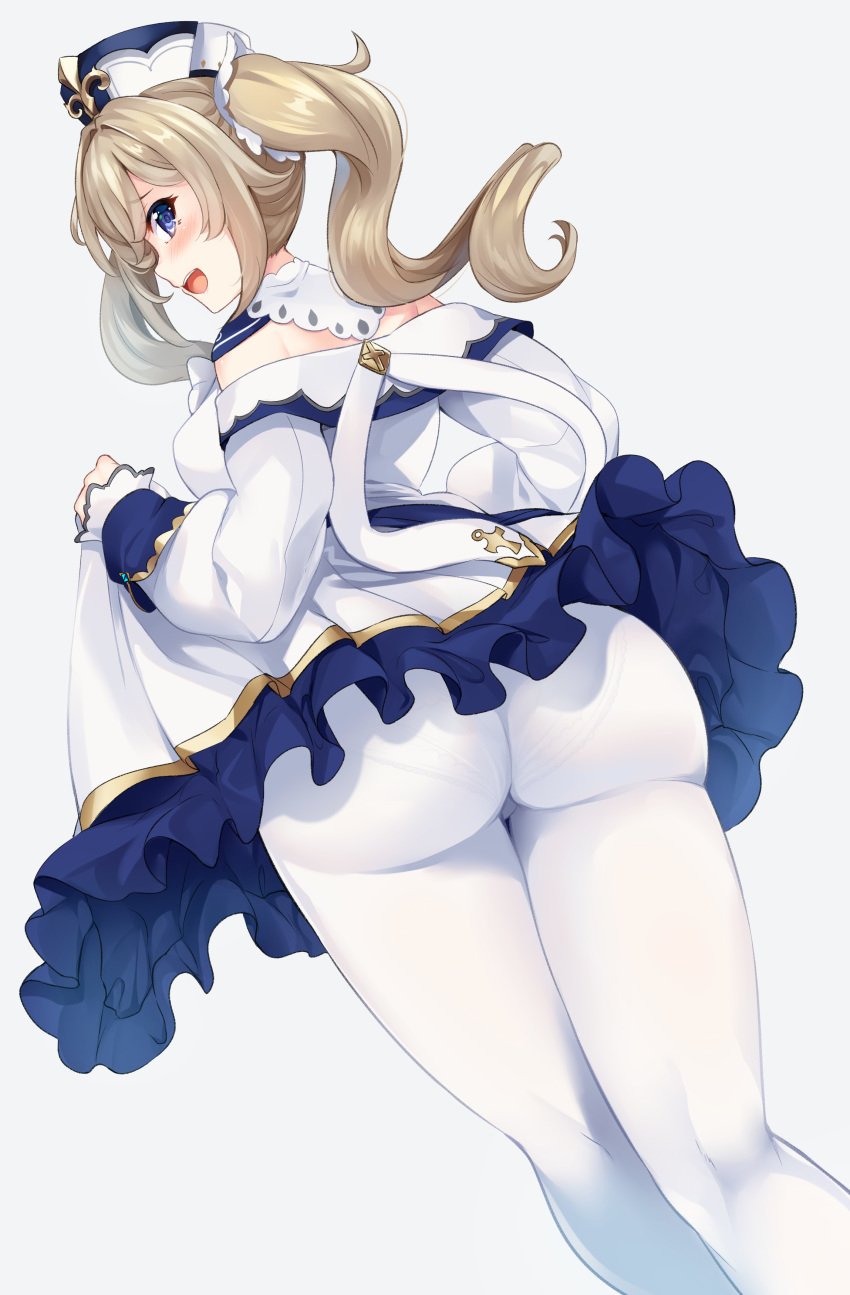 ass back bangs barbara_(genshin_impact) blue_eyes blush breasts dress dress_lift drill_hair female fully_clothed genshin_impact hinata_sora huge_ass long_hair looking_at_viewer looking_back nun open_mouth pantyhose simple_background smile thighs twin_drills twintails white_dress white_headwear white_legwear white_sleeves