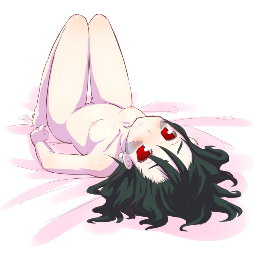 bed_sheet blush breasts cave_story flat_chest green_hair highres hirasato misery_(cave_story) nipples nude on_back red_eyes thigh_gap thighs upside-down