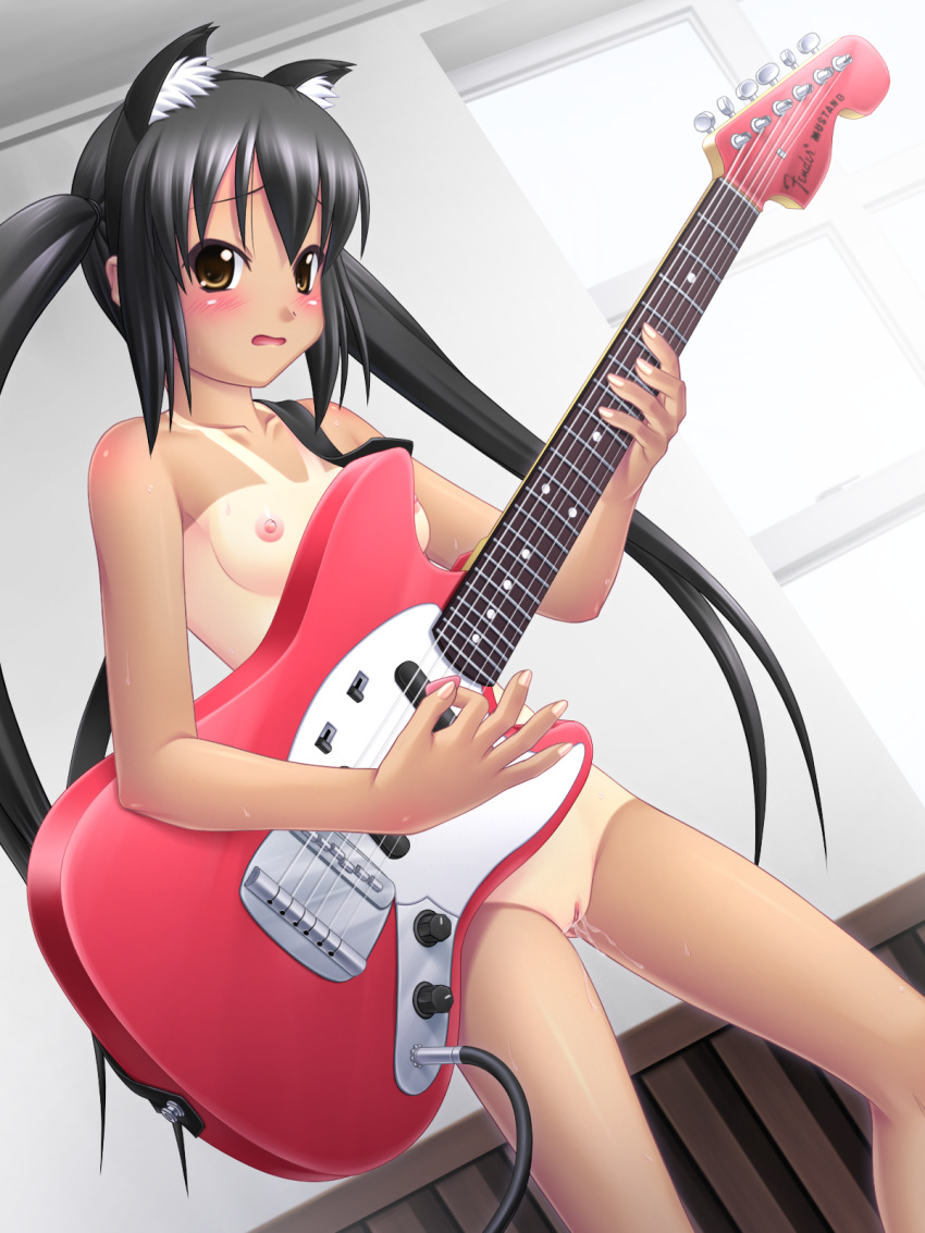 azusa_nakano_(k-on!) black_hair blush brown_hair cat_ears electric_guitar eyebrows_visible_through_hair female female_only guitar guitar_pick human human_only k-on! nipples nude pussy pussy_juice solo tanline twintails