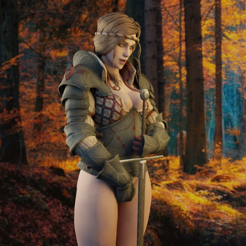 1girls 3d armor bottomless cd_projekt_red cleavage emberstock female female_only large_breasts saskia solo sword the_witcher the_witcher_(series) the_witcher_2 warrior