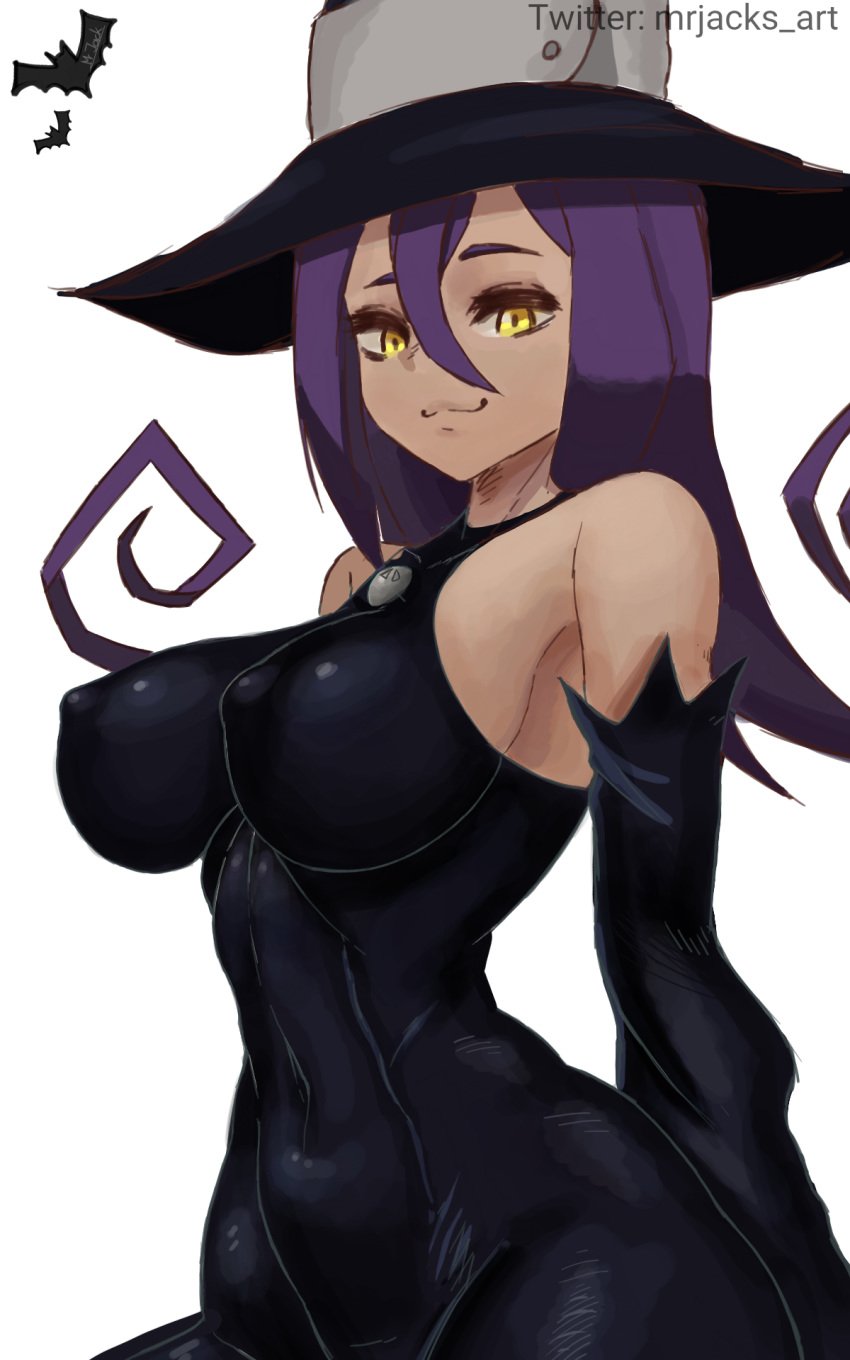 1girls :3 big_breasts blair_(soul_eater) elbow_gloves gloves halloween long_hair looking_at_viewer mrjacks_art nipple_bulge nipples purple_hair soul_eater thick_thighs thighs tight_clothing wide_hips witch witch_hat yellow_eyes