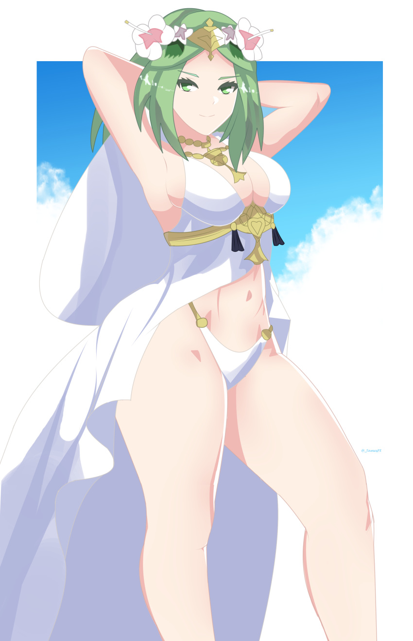 1girls alternate_costume arms_behind_head arms_up bare_legs big_breasts bikini cleavage djames female female_only fire_emblem fire_emblem:_three_houses fire_emblem_heroes green_hair jamesfe large_breasts nintendo official_alternate_costume rhea_(fire_emblem) rhea_(summer)_(fire_emblem) sideboob solo swimsuit thick_thighs white_bikini white_swimsuit wide_hips