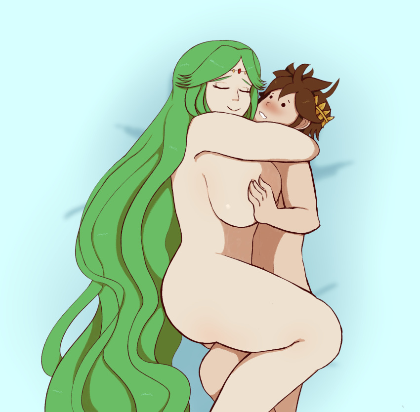 1boy 1girls big_breasts blush breasts closed_eyes completely_nude completely_nude_female cuddling cute embarrassed female green_eyes green_hair hug huge_breasts hugging kid_icarus large_breasts lewdigo long_hair male male_and_female_focus naked naked_female nintendo nonsexual_nudity nude nude_female palutena pit_(kid_icarus) sleeping thick_thighs very_long_hair voluptuous wholesome