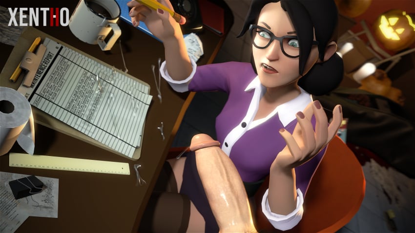 3d annoyed cum cum_on_desk cum_on_object glasses large_penis miss_pauling penis pov team_fortress_2 xentho