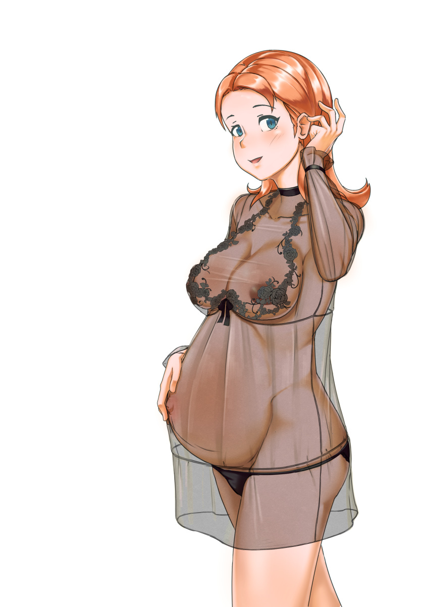 1girls akeggle annette_fantine_dominic black_lingerie blue_eyes collarbone female fire_emblem fire_emblem:_three_houses large_breasts lingerie long_hair looking_at_viewer medium_hair nintendo orange_hair pregnant see-through see-through_clothing see-through_dress see-through_lingerie solo