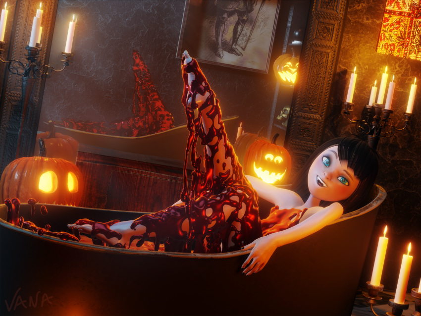 3d blender blood blood_bath candle fangs feet feet_up halloween hotel_transylvania jack-o'-lantern legs_up mavis_dracula milf pinup smile teasing vampire vanasmut