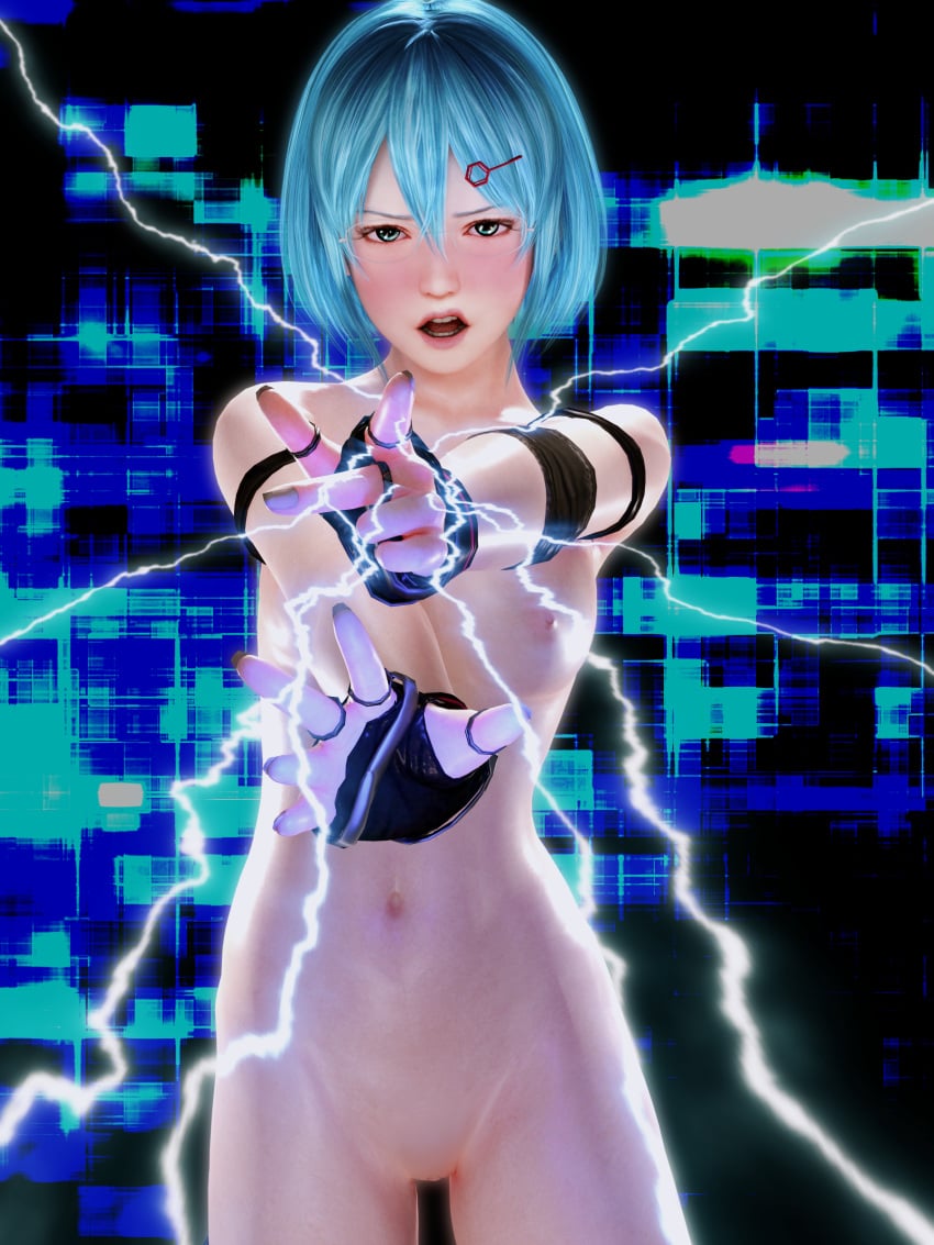 3d blue_eyes blue_hair dead_or_alive electricity female glasses nico_(doa) nude odemdmj pussy short_hair small_breasts solo