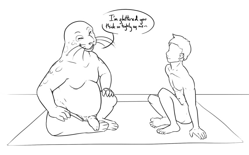 2020 anthro beastars black_and_white casual_nudity dialogue duo english_text feet fizzpop flaccid foreskin genitals hi_res human humanoid_feet humanoid_hands line_art male mammal marine monochrome moobs nude overweight overweight_anthro overweight_male penis pinniped sagwuan_(beastars) seal simple_background sitting spotted_seal text unretracted_foreskin whiskers white_background