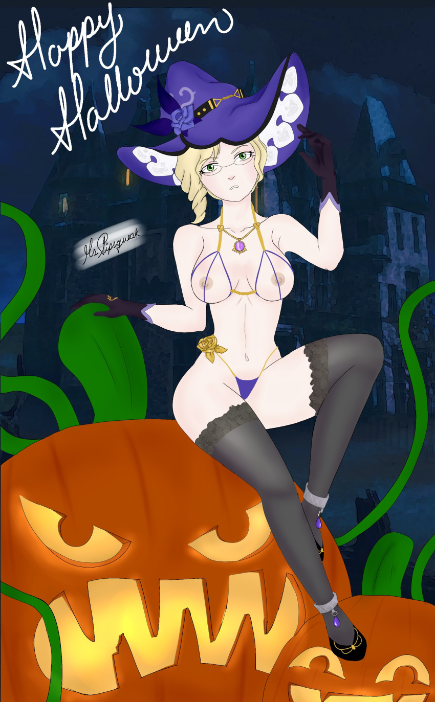 1girls blonde_hair cosplay costume crossover disguise genshin_impact glasses gloves glynda_goodwitch halloween lingerie lisa_(genshin_impact) ms._pipsqueak rwby solo solo_female witch witch_hat