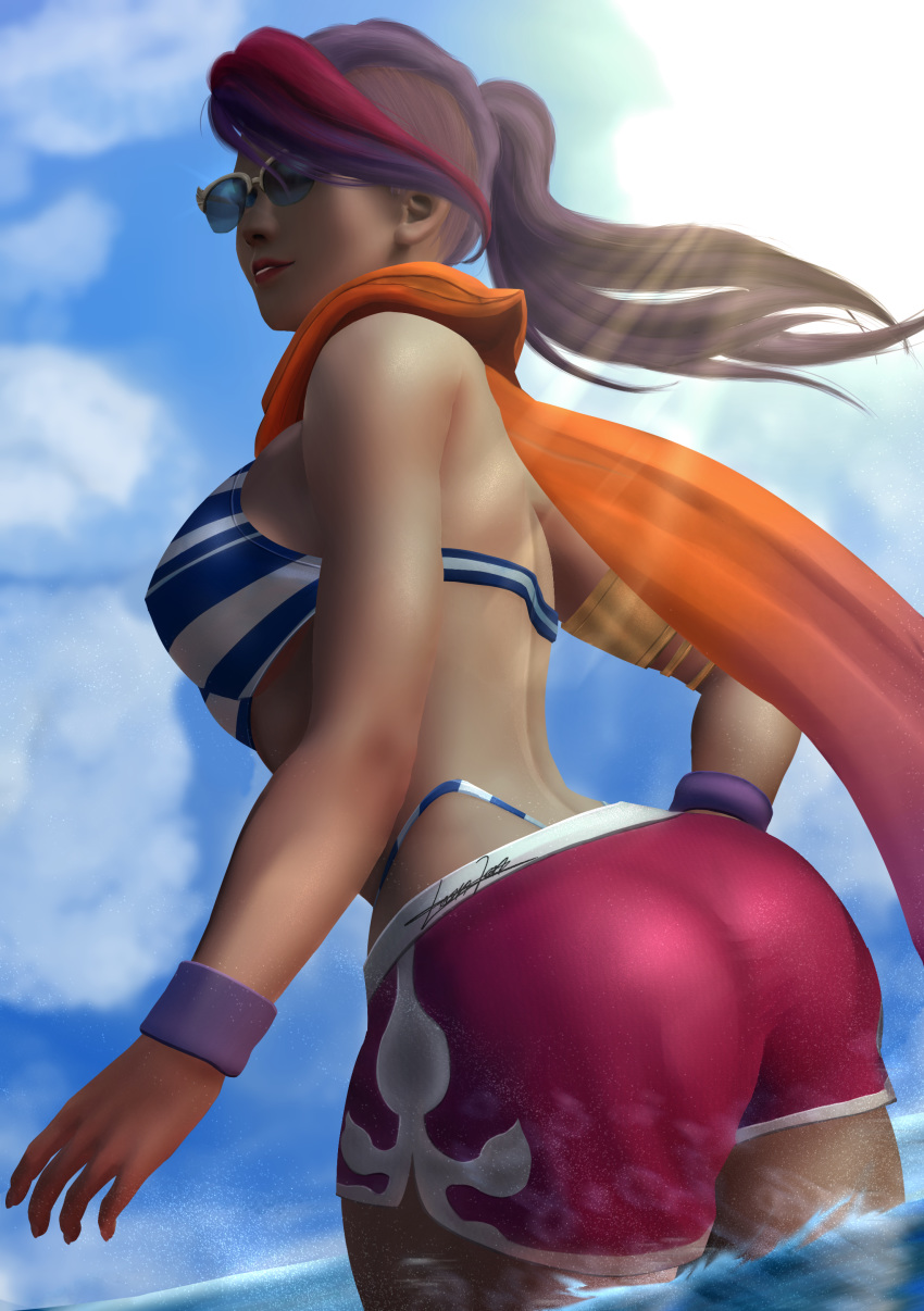 1girls bikini bikini_thong bikini_top female fiora_laurent glasses highres league_of_legends pool_party_fiora pool_party_series riot_games scarf shorts solo tagme