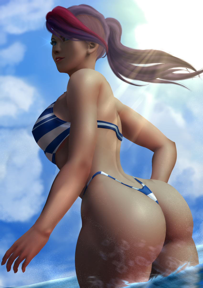 1girls ass back_view beach big_ass bikini bikini_bottom bikini_thong bikini_top female fiora_laurent g-string highres league_of_legends looking_at_viewer looking_down outdoors outside pool_party_fiora pool_party_series riot_games solo sunny tagme thong thong_bikini wide_hips