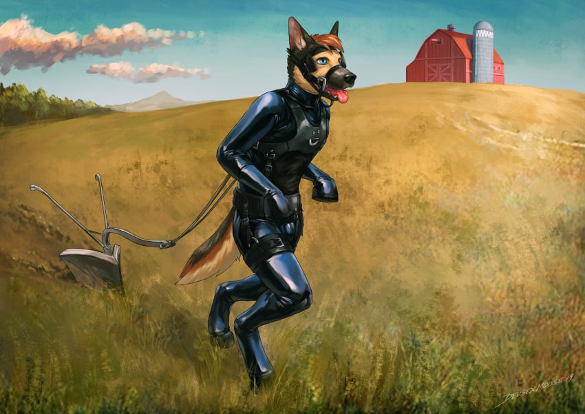 2019 anthro biped blinders bondage bulge canid canine canis clothing cloud detailed_background deusexmoose digital_media_(artwork) domestic_dog eyewear farm hi_res male male_only malesub mammal mountain open_mouth outside petplay plow ponyplay roleplay rubber rubber_suit silo sky solo tongue tongue_out tree