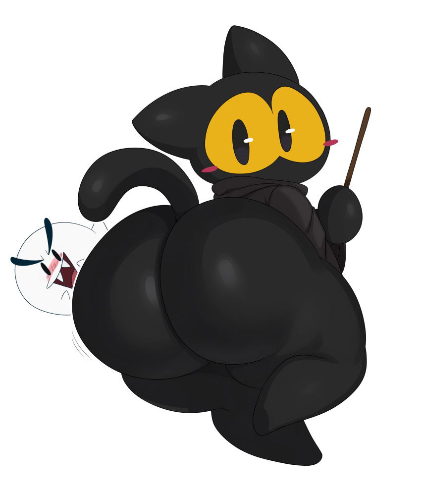 2020 anthro ass big_ass big_butt black_body black_fur blush boo_(mario) bottom_heavy bottomless bubble_ass bubble_butt clothed clothing domestic_cat felid feline felis female fur furry ghost gigantic_ass google google_doodle halloween hi_res holidays huge_ass huge_butt looking_at_viewer looking_back magic_cat_academy male mario_(series) momo_(google) no_mouth no_underwear paper_mario plump plump_ass simple_background spirit sssonic2 straight tail white_background yellow_eyes