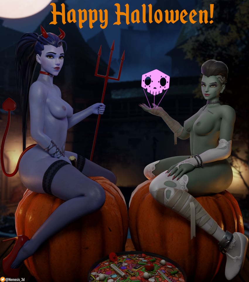 2girls 3d areolae big_butt blizzard_entertainment breasts bride_sombra brown_skin candy choker devil_costume devil_horns devil_tail female female_only green_skin halloween high_heels huge_ass huge_butt latina lingerie logo milf mole mole_under_eye multicolored_hair multiple_girls nail_polish nemesis_3d nipples overwatch pitchfork pumpkin purple_eyes purple_skin shaved_head shaved_side side_shave simple_background sombra stockings tattoo thick thick_thighs thighs transparent_clothing video_games widowmaker