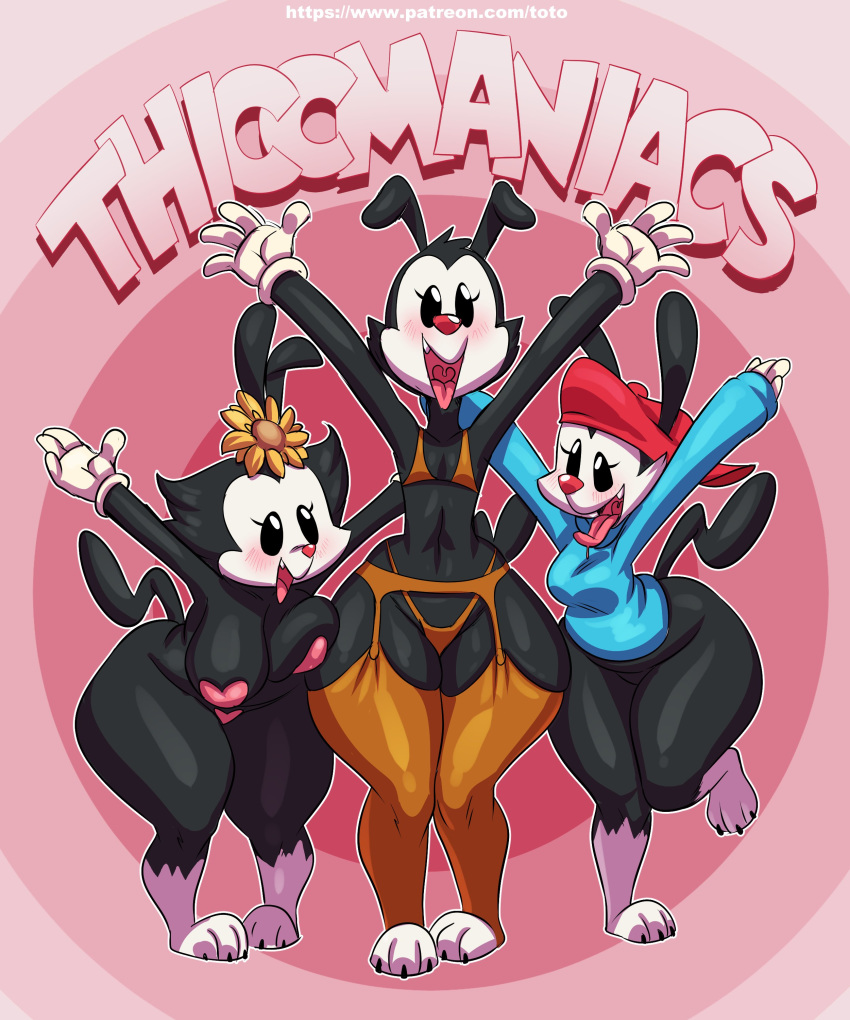 3girls animaniacs anthro anthro_only big_breasts black_fur blue_sweater blush bottom_heavy breasts clothed clothing dot_warner fabianoferreira female female_only flat flat_chest flat_chested fur furry furry_only garter_belt garter_straps genderswap_(mtf) heart_censor hi_res lingerie male_to_female pear-shaped_figure pear_shaped pear_shaped_female pink_background red_cap rule_63 shortstack siblings sisters tail text thick_thighs tongue tongue_out toto_draw trio wakko_warner warner_brothers white_fur wide_hips yakko_warner