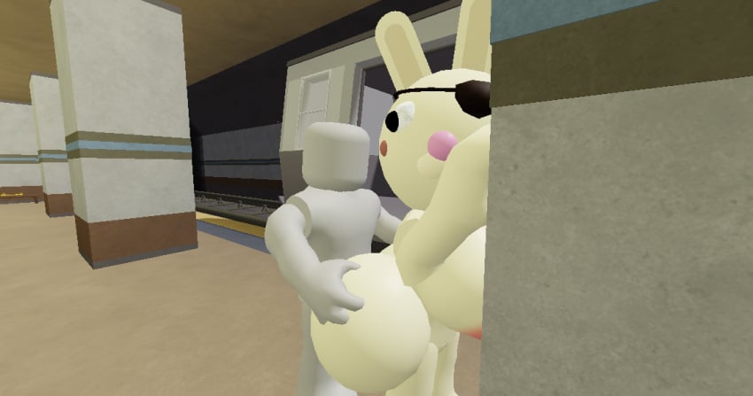 1boy1girl ass ass_grab big_ass bunny_(piggy) cream_skin eyelashes grey_skin human looking_at_ass looking_back married naked piggy_(game) player rabbit sex