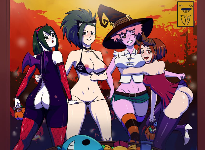 animal_ears ass black_hair boots breasts brown_hair butasempai candy cat_ears catgirl cosplay costume_party demon demon_girl halloween halloween_2020 halloween_costume huge_ass huge_breasts latex latex_suit manga mina_ashido momo_yaoyorozu my_hero_academia neko nipples ochako_uraraka open_clothes open_clothing oppai pink_hair skin_tight tsuyu_asui witch_costume yuri