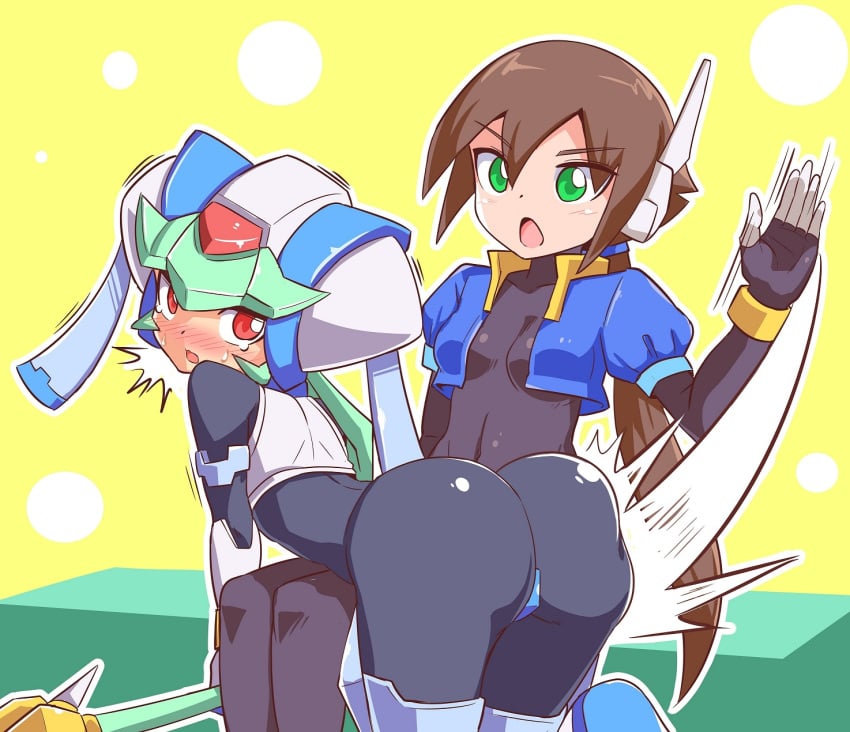 2girls aile artificial_skin ass bent_over blush breasts brown_hair capcom clothed cougar1404 cyborg dat_ass from_behind fully_clothed gloves green_eyes green_hair helmet human long_hair looking_back mega_man mega_man_zx mega_man_zx_advent multiple_girls open_mouth pandora_(mega_man) panties ponytail red_eyes reploid robot robot_girl rockman rockman_zx rockman_zx_advent shiny shiny_clothes shiny_hair spanked spanking staff tears thong underwear very_long_hair yuri