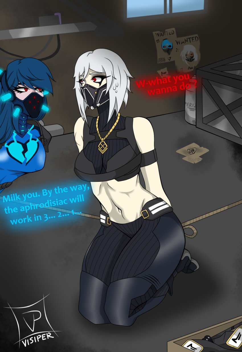 2girls arneb bondage bound breasts dialogue female fortnite gas_mask hush_(fortnite) makeup midriff multiple_girls necklace red_eyes rope shoulders slurpentine tagme text thighs visiper_(artist) white_hair