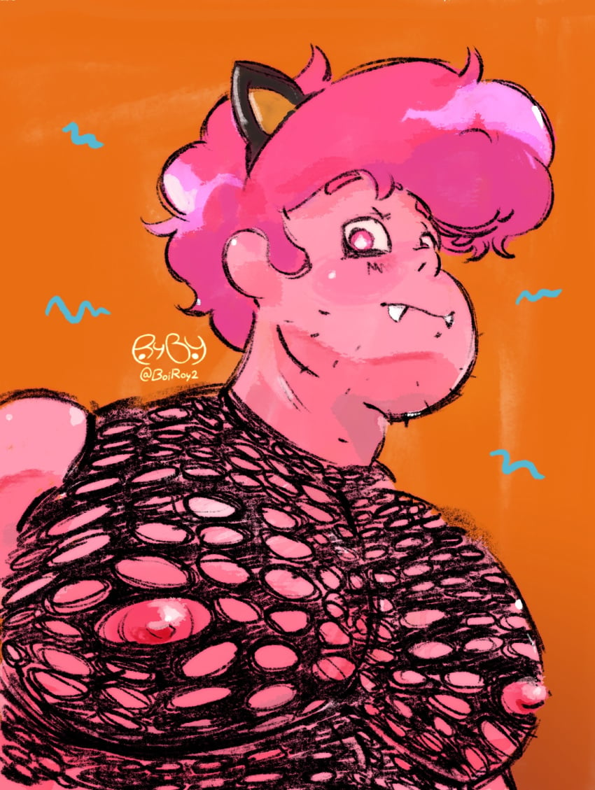 1boy bara cat_ears chad_steven fangs gay halloween halloween_costume horny male_only mesh_top muscles muscular_male oerba_yun_fang pecs pink_eyes pink_hair pink_nipples pink_steven royboy steven_quartz_universe steven_universe yaoi