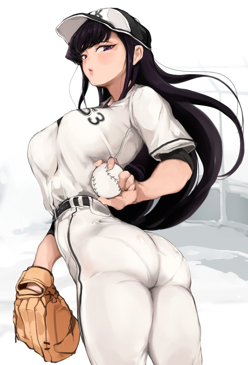 1girls ass baseball baseball_cap baseball_glove baseball_mitt baseball_uniform black_eyes black_hair boobs_and_butt_pose cap dat_ass female female_focus female_only hat holding komi-san_wa_komyushou_desu komi_shouko large_breasts light-skinned_female light_skin long_hair looking_back mamimi_(mamamimi) solo white_background