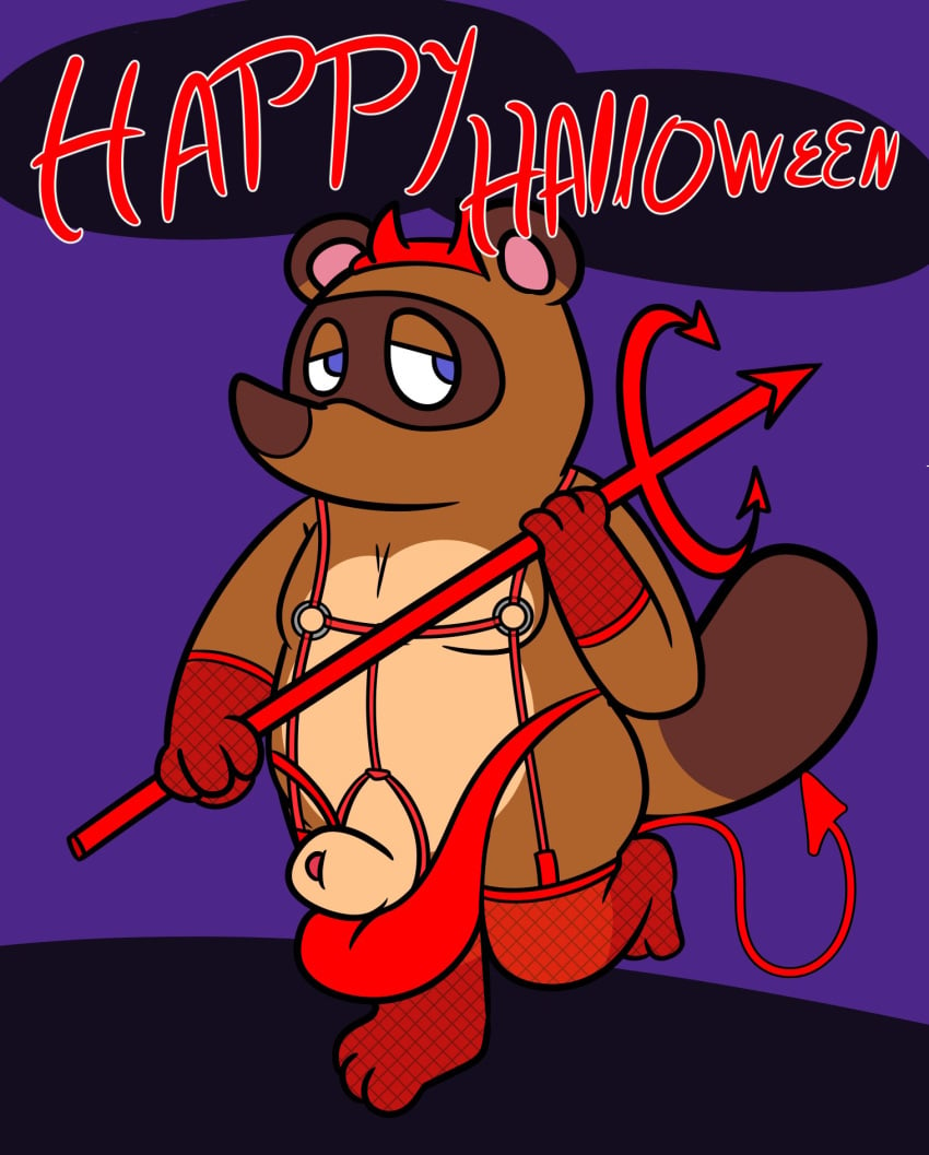 1boy 2020 animal_crossing anthro brown_body brown_fur bulge bunnybara canid canine chibi clothing fur genitals halloween halloween_costume hi_res holidays male male_only mammal nintendo penis raccoon_dog slightly_chubby solo tanuki text tom_nook underwear video_games