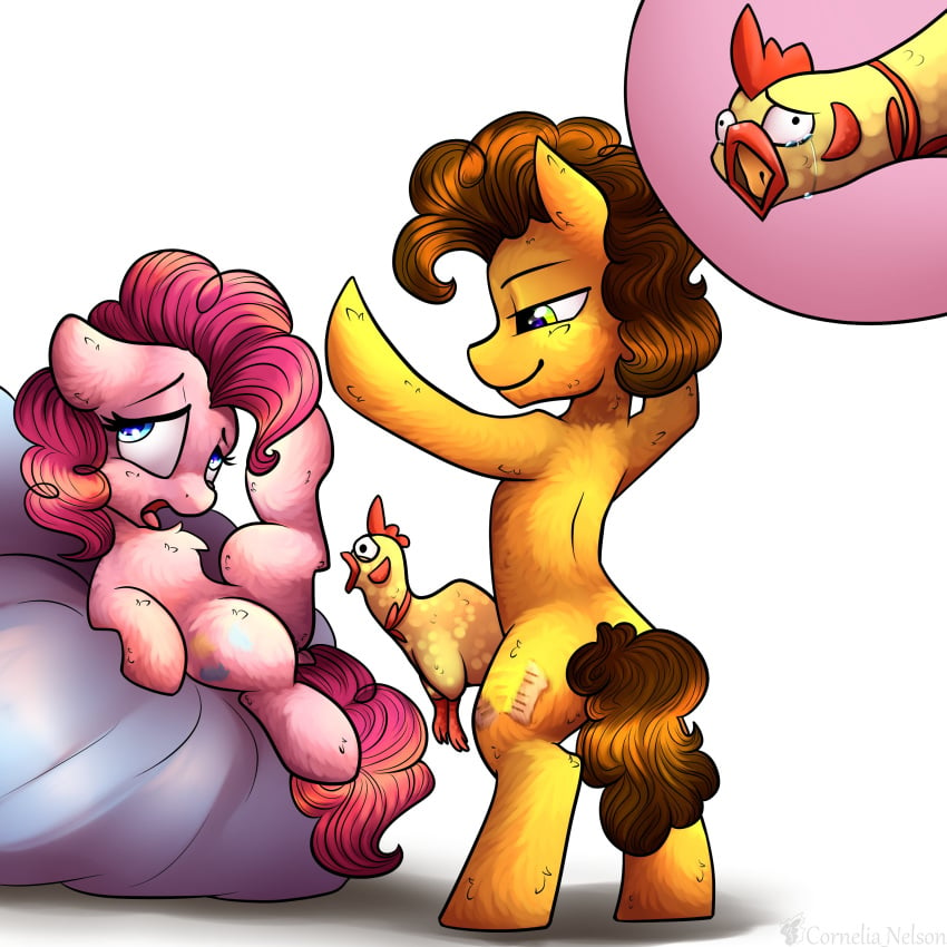 1:1 absurd_res better_version_at_source bodily_fluids cheese_sandwich_(mlp) cornelia_nelson duo female friendship_is_magic genitals hasbro hi_res male my_little_pony penis pinkie_pie_(mlp) rubber_chicken straight straight_hair tears