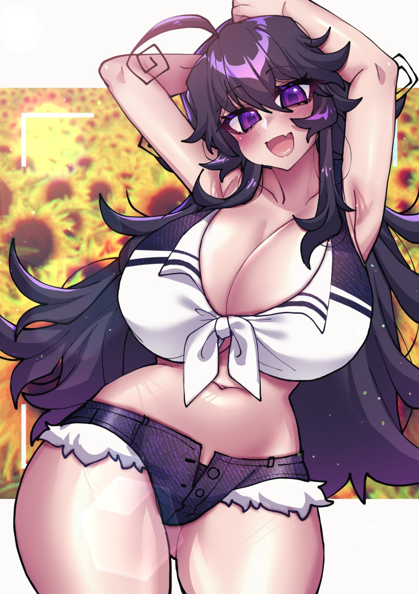 armpits arms_up ass_visible_through_thighs big_breasts crawling_dreams curvy dark_hair denim_shorts hourglass_figure huge_breasts long_hair looking_at_viewer nyarla_(crawling_dreams) osiimi purple_eyes short_shorts sunflower tank_top thick_thighs thunder_thighs wide_hips