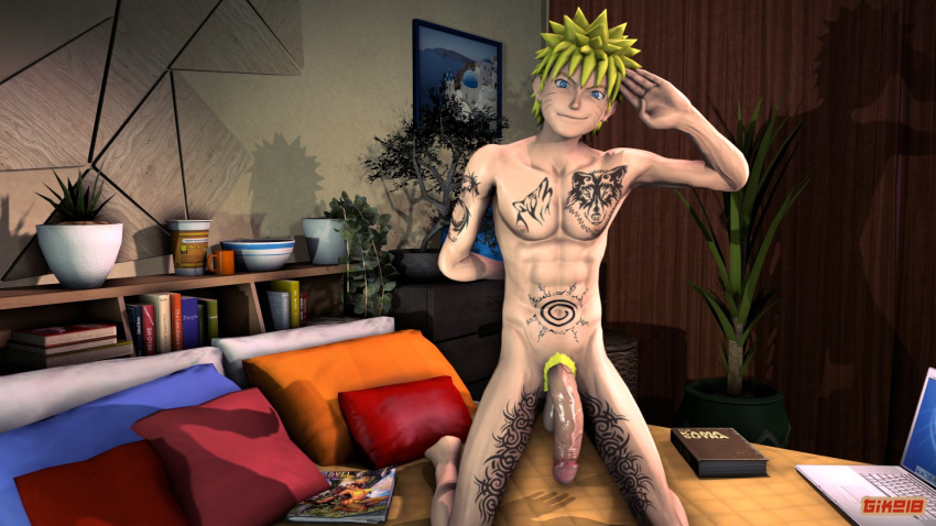 1boy abs balls barefoot bed bedroom big_penis blonde_hair blonde_pubic_hair blue_eyes book erect_nipples feet flaccid_penis foreskin_folds giko18 hand_behind_back kneeling kneeling_on_bed laptop large_penis looking_at_viewer magazine male male_only naked naruto naruto_(series) naruto_shippuden nipples on_knees pale-skinned_male pale_skin pecs penis pillows pose posing pubes pubic_hair retracted_foreskin salute smile smiling solo solo_focus solo_male spiky_hair tattoo tattoos testicles twink uzumaki_naruto veiny_penis whisker_markings whiskers