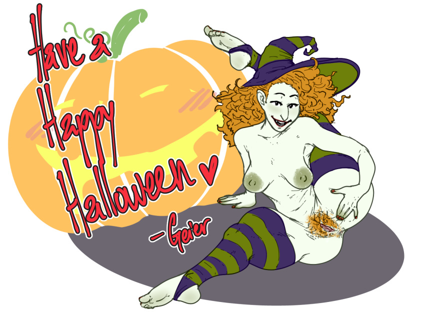 anus breasts contortion geier halloween leg_behind_head leggings legs_spread medium_breasts nail_polish nipples orange_hair pubic_hair pussy raised_leg red_hair scary_godmother scary_godmother_(series) smile stockings stretching thick_thighs thighhighs witch