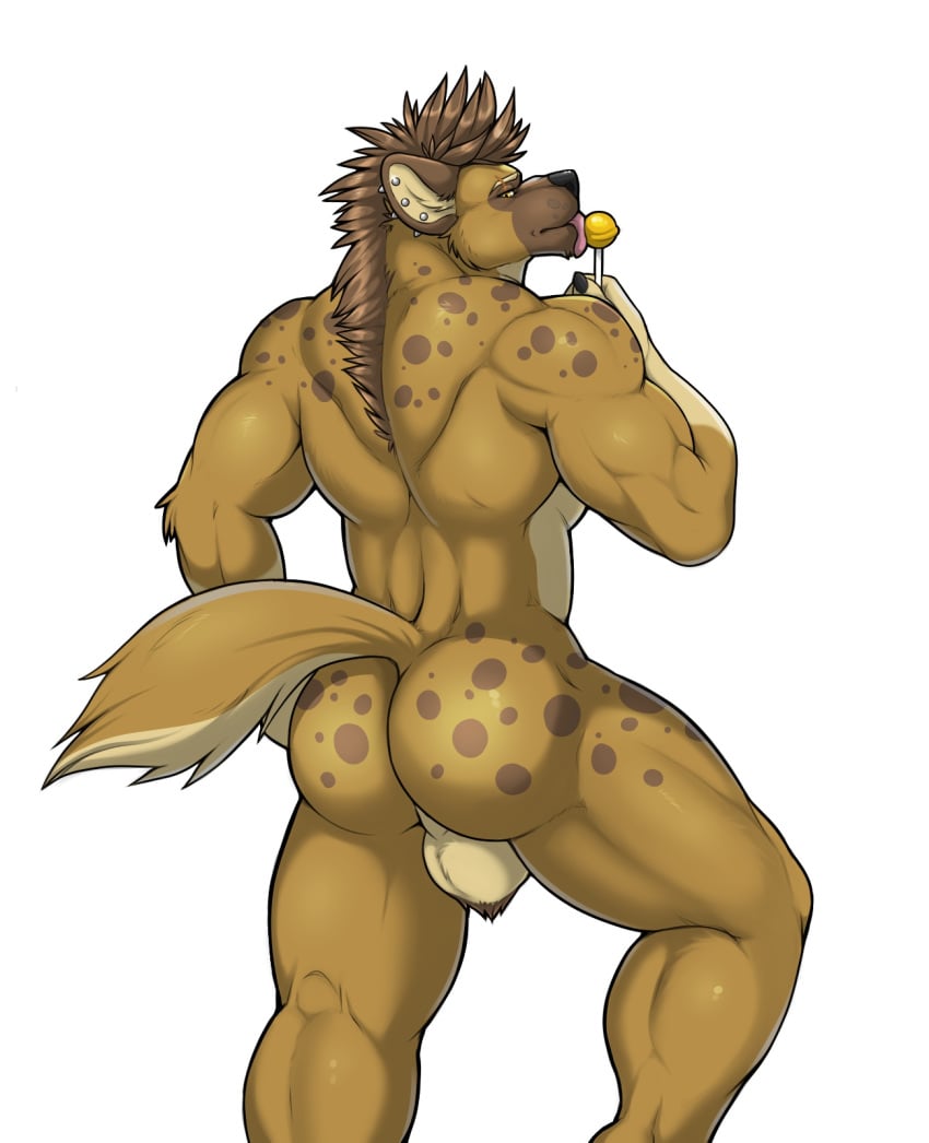 anthro ass back_muscles backsack balls biceps black_nose brown_body brown_fur brown_hair brown_spots brown_tail bubble_butt candy countershade_torso countershading dessert digital_media_(artwork) dissimulated ear_piercing eye_scar eyebrows food fur genitals gloves_(marking) hair hi_res hyaenid licking lollipop looking_back male male_only mammal markings muscular muscular_anthro muscular_male nude piercing pink_tongue scar simple_background solo spots standing tongue tongue_out trystan_(dissimulated) white_background yellow_eyes