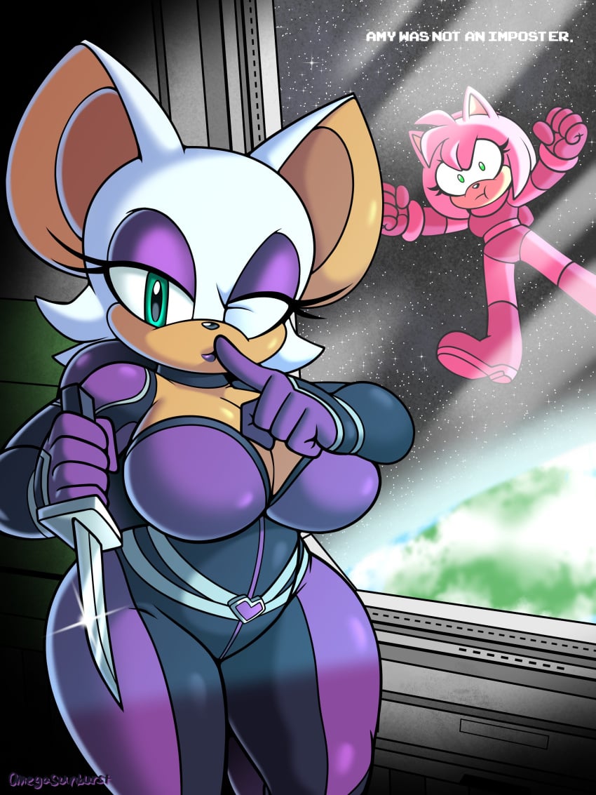 2girls among_us amy_rose big_breasts bodysuit cleavage clothing female female_only hi_res highres knife omegasunburst pink_(among_us) purple_(among_us) purple_bodysuit purple_eyeshadow rouge_the_bat rouge_the_bat_(heroes) shortstack signature skin_tight sonic_(series) sonic_heroes sonic_the_hedgehog_(series) suspicious thick_thighs what white_hair wide_hips wink