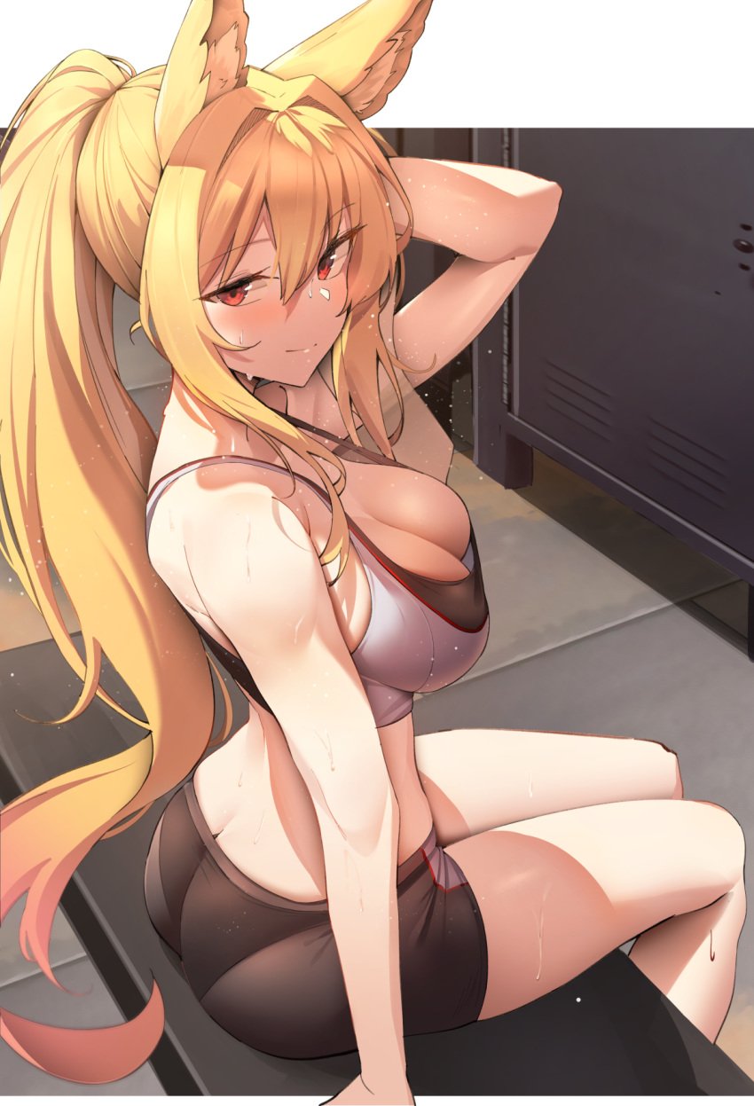 1girls animal_ears ass ass_cleavage bare_midriff bike_shorts black_panties blonde blonde_hair blush breasts butt_crack cleavage female hand_on_head highres k_pring kaiser_(myeonggihusband) large_breasts locker_room ponytail red_eyes see-through side_view sideboob sitting smile sports_bra sportswear sweat tired towel