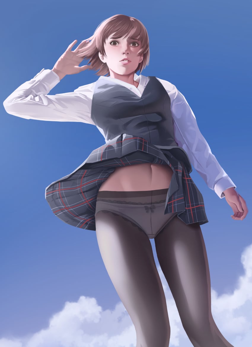 1girls brown_eyes brown_hair female female_only human makoto_niijima navel panties pantyhose persona persona_5 school_uniform short_hair skirt_lift solo stockings thatpersonaguy