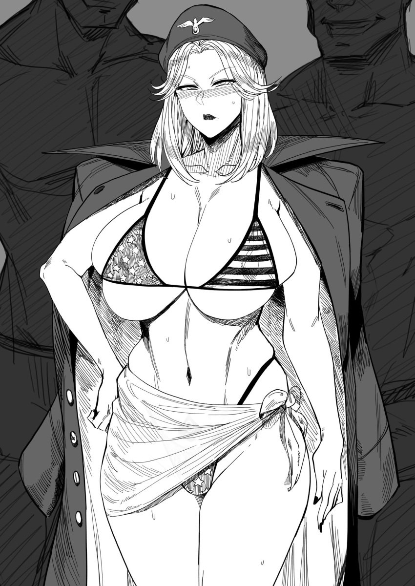 1girls 2boys american american_flag american_flag_bikini bakunyuu_jagd_panther big_breasts bikini bimbo black_and_white black_beat blonde_hair blush breasts coat cowboy_shot curvy dark-skinned_male dark_skin female female_soldier flag_bikini greyscale hat height_difference huge_breasts human imminent_sex kochikame light-skinned_female light_skin looking_at_viewer male mature military monochrome pubic_tattoo queen_of_spades sarong short_hair shounen_jump solo_focus spade spade_tattoo surrounded tattoo thick_thighs voluptuous wide_hips