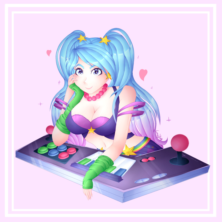 arcade_series arcade_sona blue_hair blush breasts breasts_out earrings hair_ornament large_breasts league_of_legends long_hair looking_at_viewer lunaying necklace nipples signature simple_background sona_buvelle