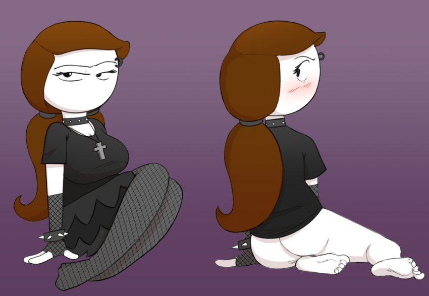 ass big_breasts blush brown_hair choker cross_necklace eyebrow_piercing fishnet_armwear fishnet_legwear fishnet_stockings fishnets goth goth_girl gothtober let_me_explain_studios mannysdirt no_mouth ponytail rebecca_parham spiked_bracelet stockings unhappy_female youtube youtuber