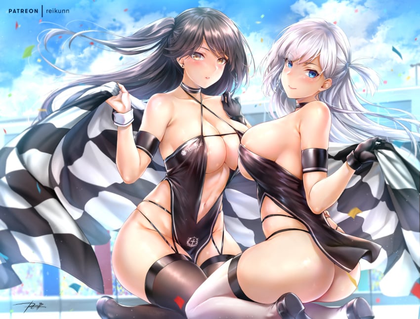 2girls arm_strap ass azur_lane back bangs bare_shoulders black_hair black_legwear blue_eyes blue_sky blush breasts brown_eyes center_opening checkered checkered_flag clavicle cleavage criss-cross_halter dress female female_only flag halter_dress halter_top halterneck horny kneeling large_breasts long_hair looking_at_viewer multiple_girls one_side_up only_female race_queen rei_kun shoukaku_(azur_lane) shoukaku_(sororal_wings)_(azur_lane) silver_hair sky smile thighhighs thighs white_legwear wrist_cuffs zuikaku_(azur_lane) zuikaku_(the_wind's_true_name)_(azur_lane)