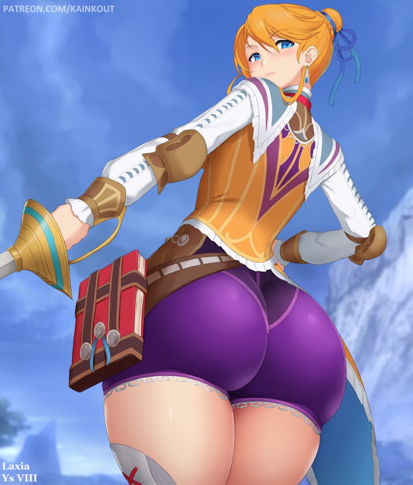 angry angry_face ass big_ass blonde_hair blue_eyes blush bubble_ass bubble_butt hair_bun kainkout laxia_von_roswell looking_at_viewer sword thick thick_ass thick_thighs thin_waist ys ys_viii_lacrimosa_of_dana