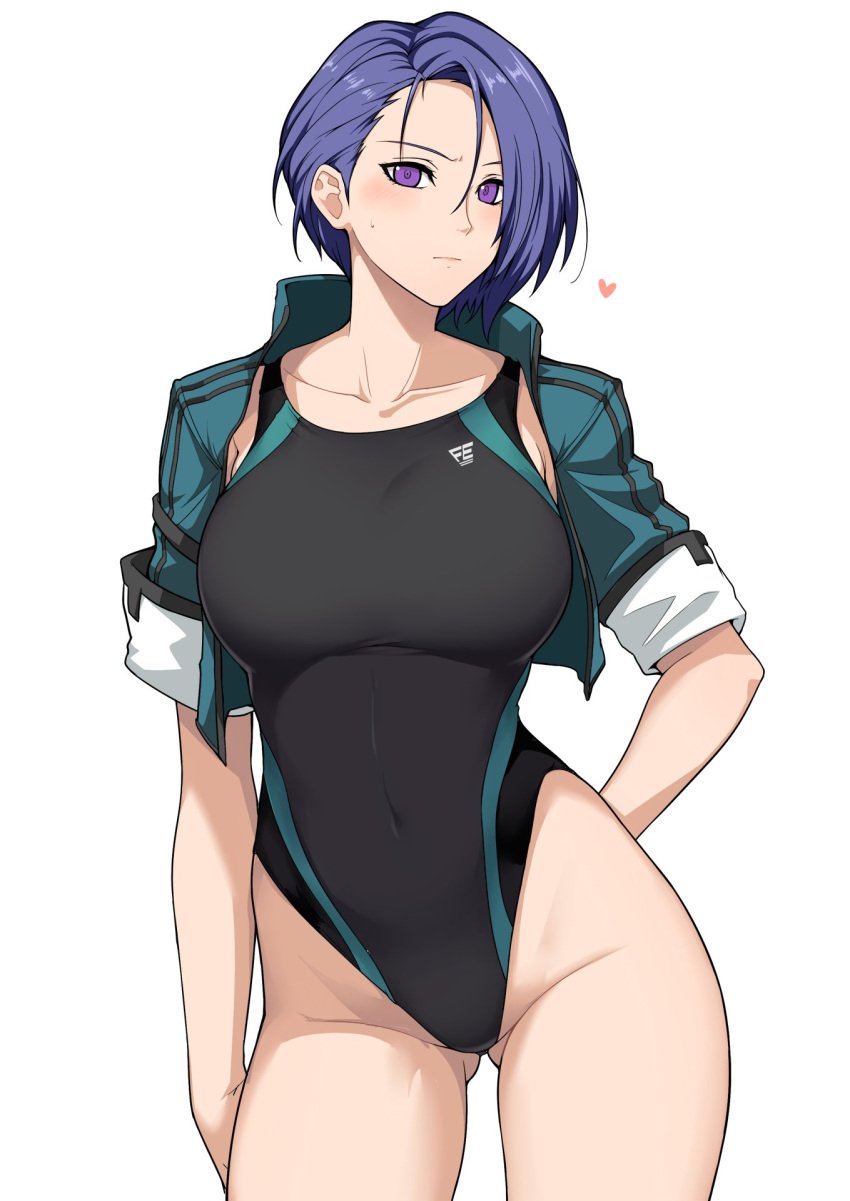 asymmetrical_hair bangs bare_thighs big_breasts black_swimsuit blue_eyes blue_hair blush breasts collarbone competition_swimsuit covered_navel female fire_emblem fire_emblem:_three_houses forehead halcon highleg highleg_swimsuit highres jacket large_breasts looking_at_viewer nintendo one-piece_swimsuit open_clothes open_jacket parted_bangs shamir_nevrand shiny_skin short_hair short_sleeves simple_background solo swimsuit thighs unamused whistle whistle_around_neck white_background