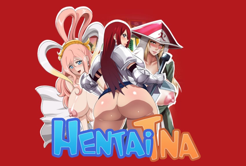 3girls areolae armor ass back_view banner big_ass blonde_hair blue_eyes bottomless breasts brown_eyes clothing crossover cyberunique erect_nipples erza_scarlet fairy_tail female female_only front_view haori hat hentai_tna holding_object holding_weapon huge_ass huge_breasts human kimono looking_at_viewer looking_back mermaid monster_girl multiple_girls naruto nipples one_piece partially_clothed partially_nude pink_hair red_hair shirahoshi short_kimono skirt sword topless tsunade weapon