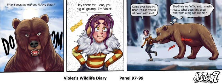 1girls artca9 background bear canine comic feral human larger_feral outdoors river size_difference snow tagme ursine violet&#039;s_wildlife_diary_(artca9) violet_(artca9) vore