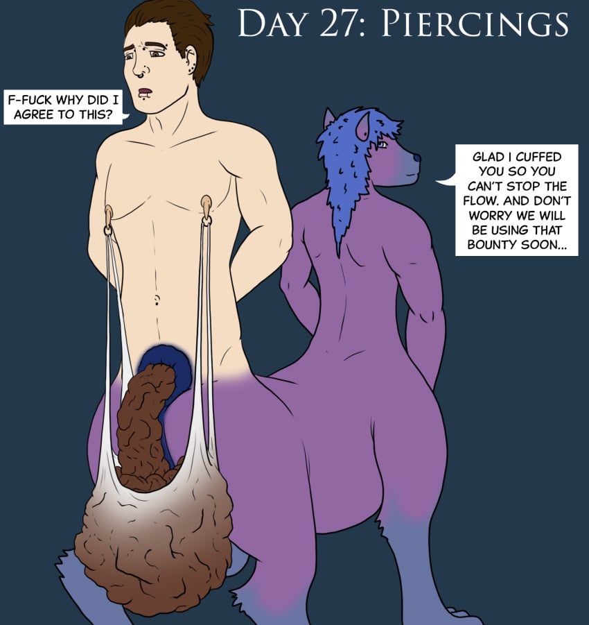 ambiguous_gender anus bag blue_eyes blue_hair bondage bound brown_eyes brown_hair duo ear_piercing english_text facial_piercing feces furaffinity hair hi_res human jorane-aran lip_piercing male mammal nipple_piercing nipple_ring nipples nose_piercing nose_ring nude piercing purplse_fur scat speech_bubble taur text unknown_species what