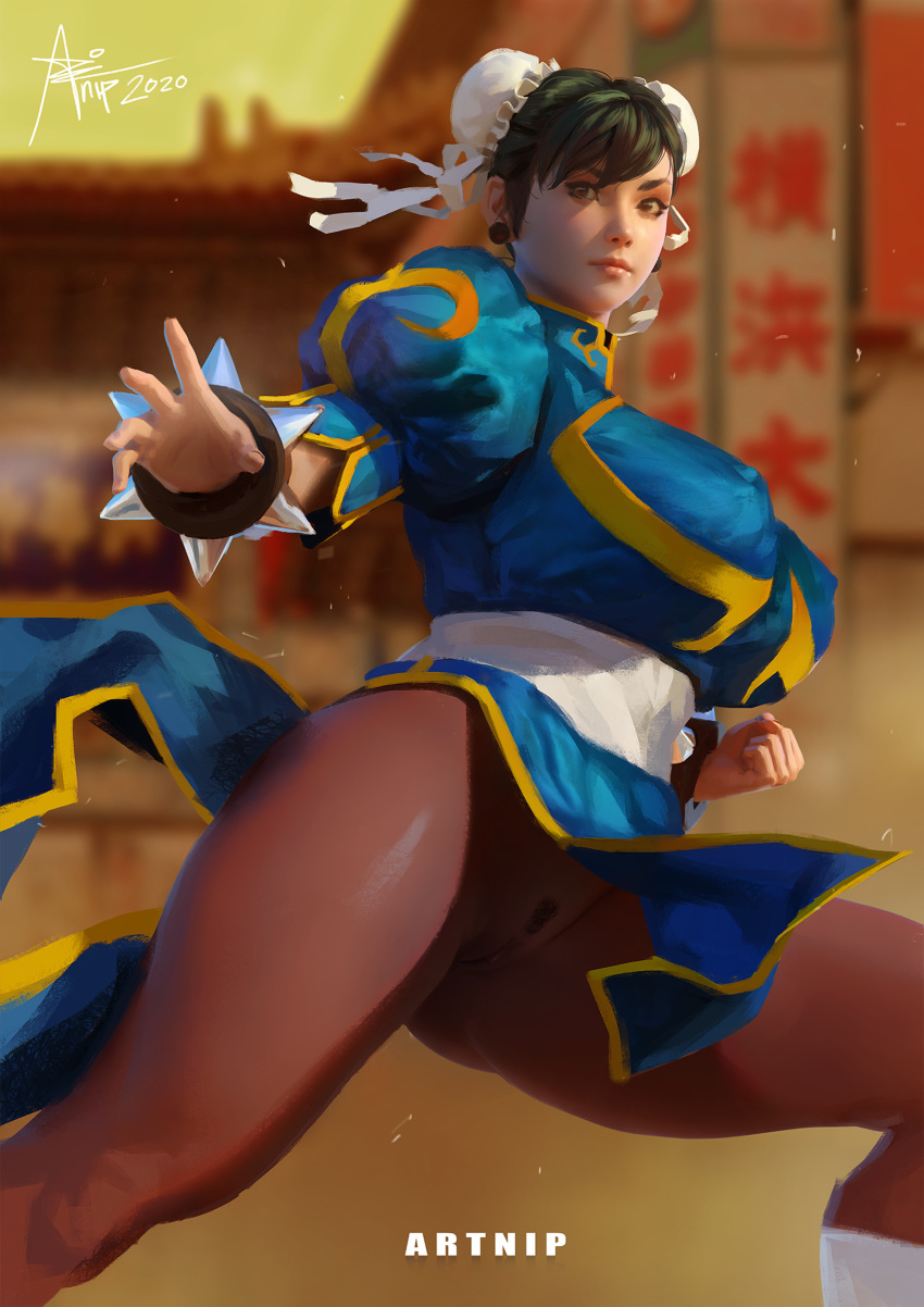 artnip black_hair boots brown_eyes chinese_clothes chun-li no_panties pantyhose pussy street_fighter tagme thighs