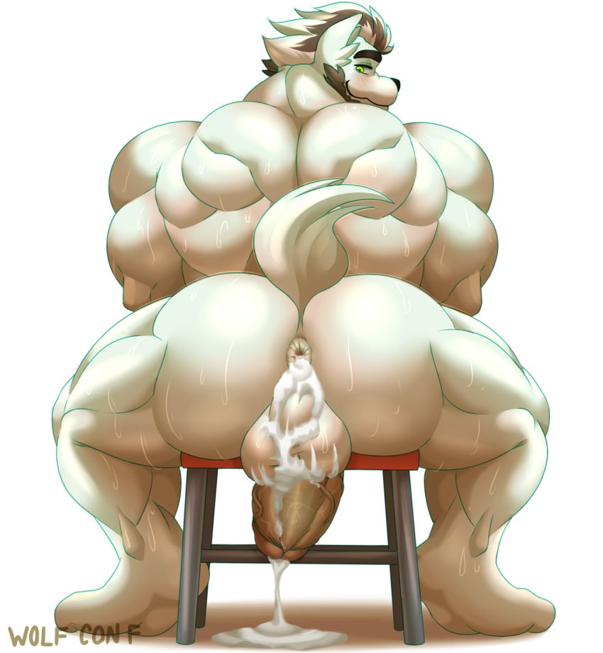 anthro anus ass back_muscles backsack balls beard big_butt big_muscles big_penis bodily_fluids boner canid canine canis chair chode cock-tail cum cum_in_ass cum_in_penis cum_inside cum_on_balls cum_on_ground ejaculation erection facial_hair furniture genital_fluids genitals hair hi_res huge_cock huge_muscles looking_at_viewer male male_only mammal multicolored_hair muscular muscular_anthro muscular_male nude penis presenting presenting_hindquarters simple_background sitting solo stool thick_penis two_tone_hair vein veiny_penis watermark white_background wolf wolf_con_f