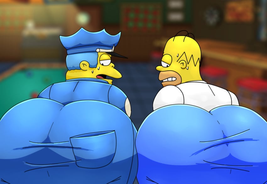 2boys ass bar big_ass big_butt bubble_ass bubble_butt butt caked_up chief_wiggum chubby clothed clothes clothing embarrassed fat_ass gay homer_simpson jeans male male/male male_only officer police police_uniform shikapandakuma the_simpsons thick thick_ass thick_thighs tight_clothing yaoi