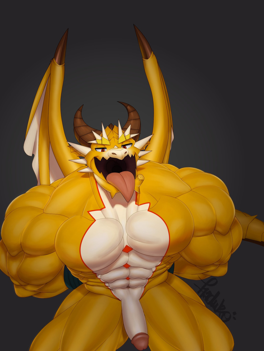 3:4 abs anthro biceps bound dragon fur furry genitals haduko1 hi_res kneeling male male_only muscular muscular_anthro muscular_male open_mouth ophion pecs penis solo solo_male submissive submissive_male tokyo_afterschool_summoners video_games wings yellow_body