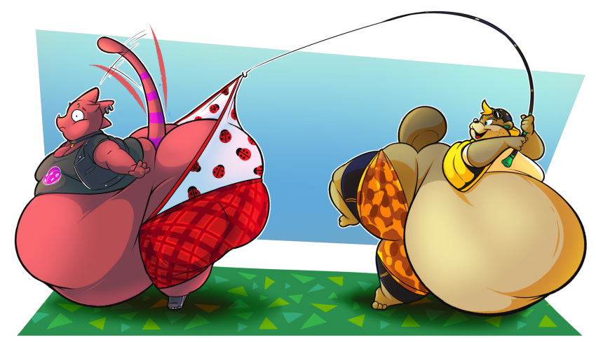 2boys animal_crossing anthro ass ass beaver beaver_tail belly blonde_hair blue_eyes brown_fur c.j._(animal_crossing) chubby chubby_male collar fat fishing_rod flick_(animal_crossing) furry hoodah iguana ladybug large_ass large_butt male male_focus male_only moobs nintendo obese overweight overweight_male red_skin shorts tail thick_thighs thighs underwear underwear_pull vest