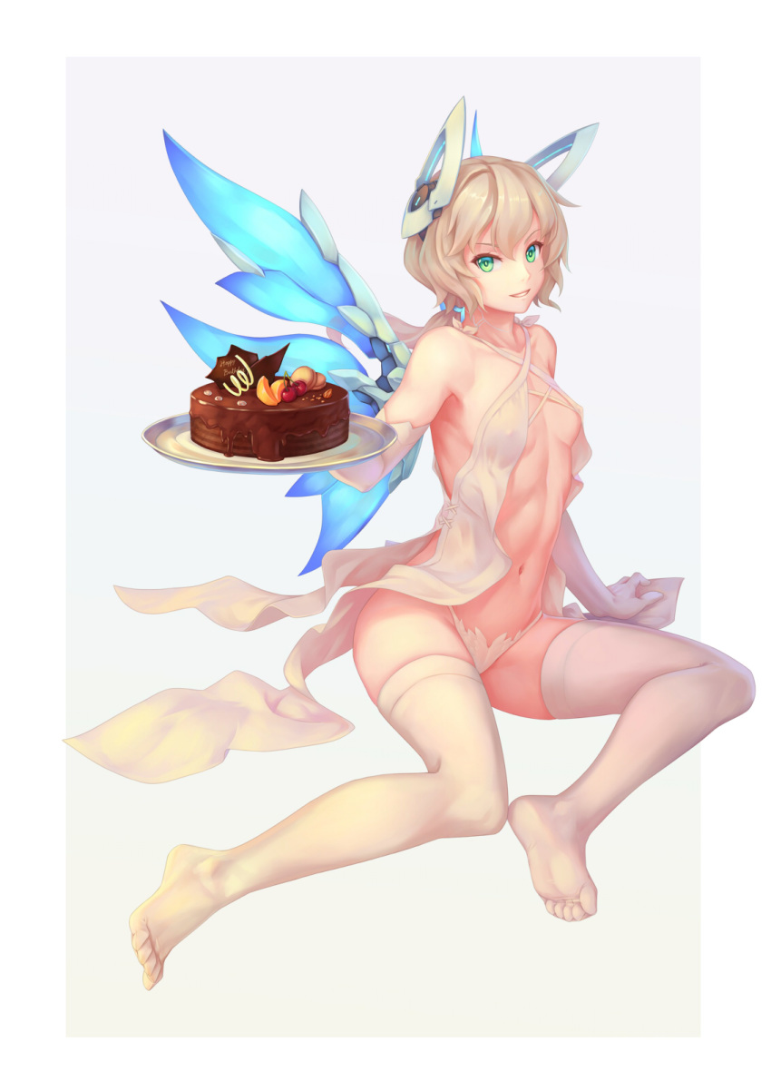 antica_(bigrbear) bigrbear blonde_hair breasts cake elbow_gloves female female_only green_eyes medium_hair navel nipple_bulge no_bra original panties sideboob slim small_breasts smile thighhighs tied_hair underboob